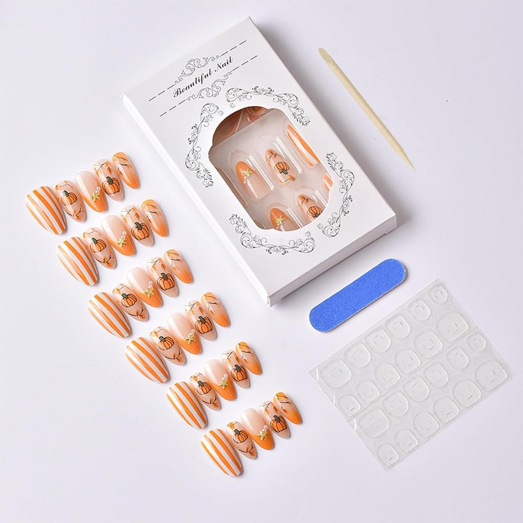 30Pcs Fall Orange Press On Nails Medium Almond Acrylic Fake Nails Polish Painting Autumn Thanksgiving Maple Leaf Pumpkin Glue On Nails Orange French