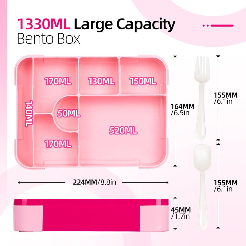 Bento Box 1330 ml Leakproof Lunch Box for Children Adults with 7 Compartments for School Travel Food Container Microwave Safe