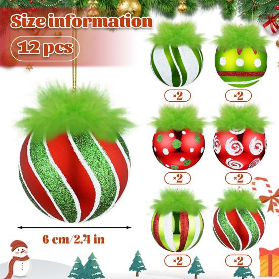 2.4 Inch Christmas Ball Ornaments with Fuzzy Green Hair Glittering Hanging Furry Elf Ball Decoration Red Green Plastic Ball Ornament for Xmas Tree