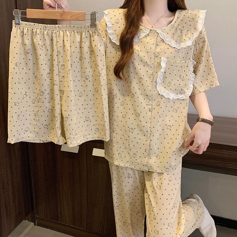 Polka Dot Sweet Lace Doll Collar Cloud Cotton Pajamas Women'S Summer Short-Sleeved Loungewear Three-Piece Set