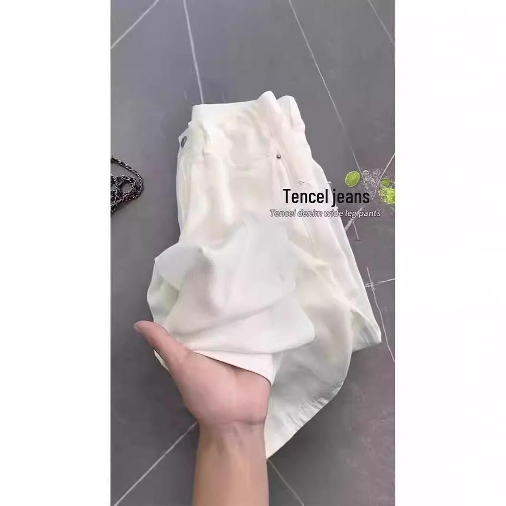 Jean large blanc Tencel taille haute pour femme - Coupe slim printemps/été avec drapé ample