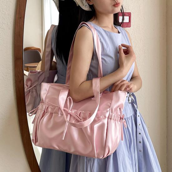 Women Wrinkled Shoulder Bag Glossy Tote Bag with Bows Large Capacity Handbag Purse for Daily Outings Street Commuting Parties Date