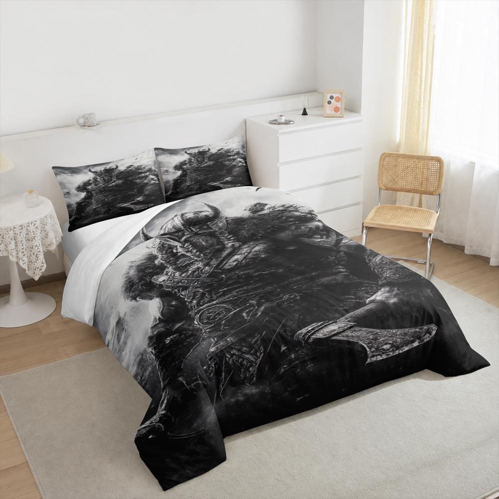 3 Piece Bedding Set with Duvet Cover and 2 Pillowcases - Viking Warrior Axe Black White Art - Decor