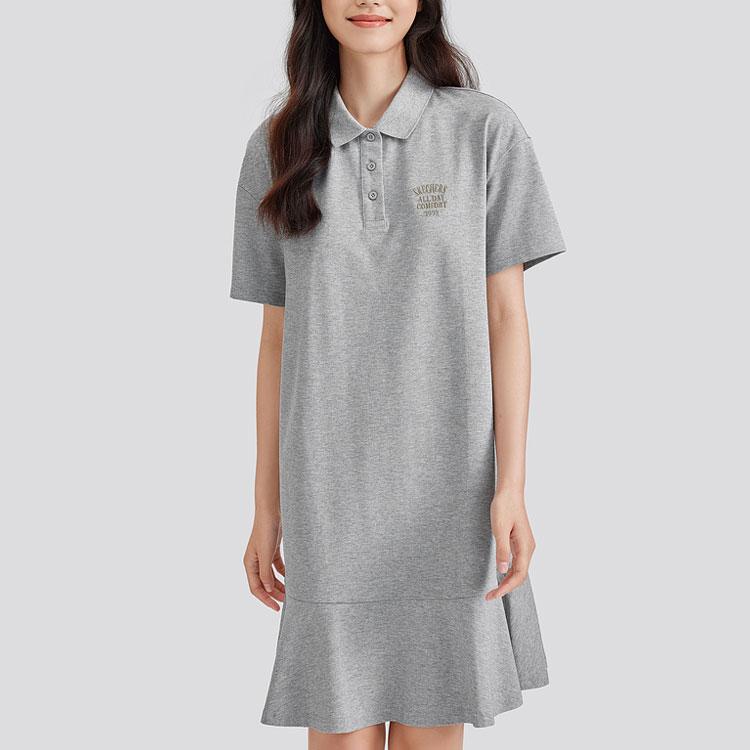 Skechers Logo Solid Color Sport Loose Simple Fashion Cool Feel Polo Neck Short Sleeve Dress Women Dresses Light-Gray L224W056-004F