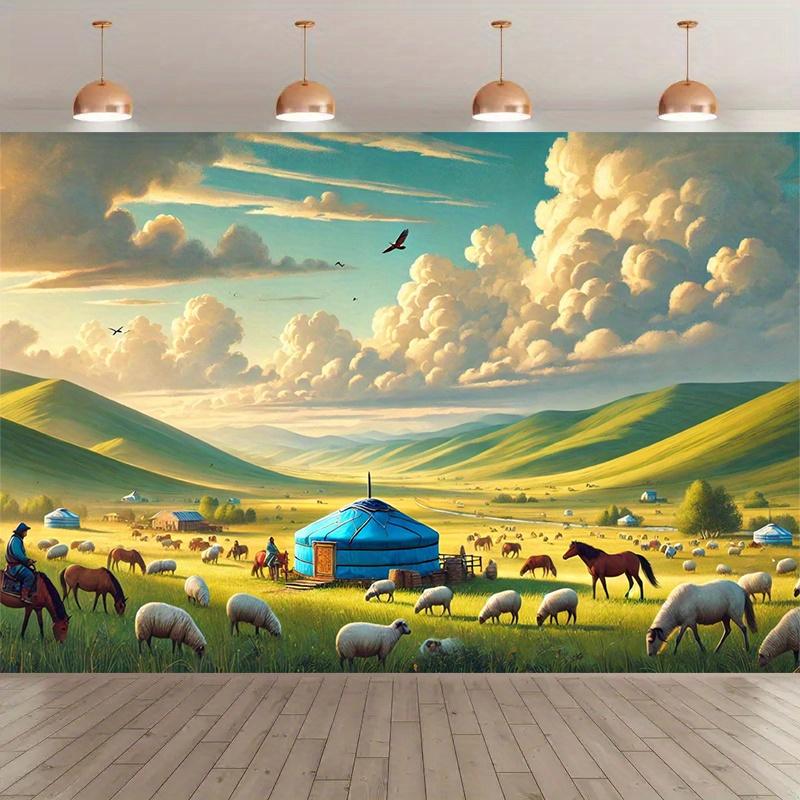 1 piece of Mongolian grassland photography background tapestry - durable polyester fiber with landscape patterns 100x150cm