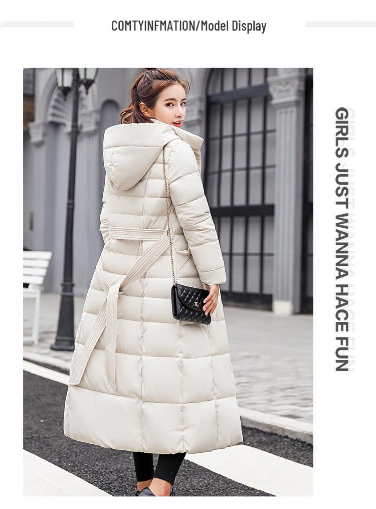 Women's Long Cotton-Padded Jacket with Belt, Over-the-Knee, Slim Fit, Korean Winter 2025 Style.