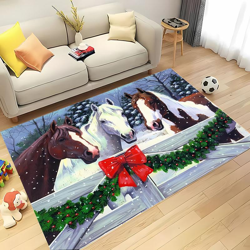 3D tištěný vánoční koberec s koněm pro domov, obývací pokoj, dětskou ložnici, pohovku, rohožka, kuchyňský podlahový koberec, protiskluzová dekorační podložka, teplý dárek