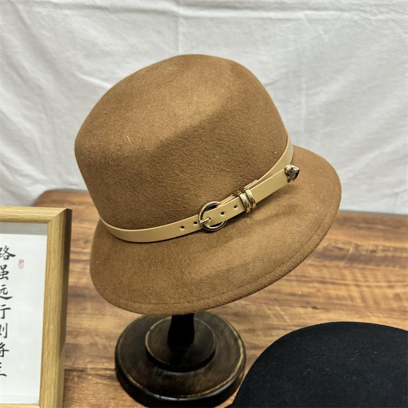 Wool Autumn and Winter Belt Buckle Wide Brim British Retro Fashion Flat Top Top Hat Hat Woolen Versatile Jazz