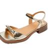 Fairy style square head middle heel with sandals women's outer wear 2025 summer fashion bow open-toed low-heeled women's shoes