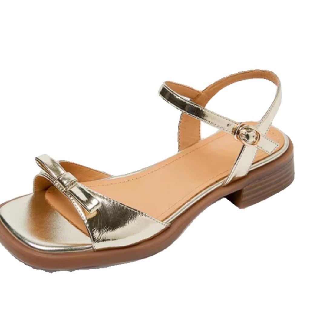 Fairy style square head middle heel with sandals women's outer wear 2025 summer fashion bow open-toed low-heeled women's shoes