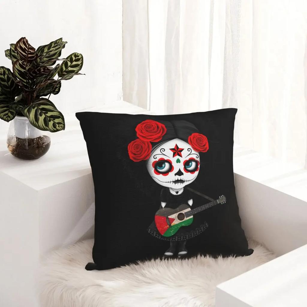 Sugar Skull Girl Playing  Flag Guitar Pillowcase Cushion Cover Decorations Halloween Horrible Pillow Case Cover Home