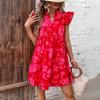 Women Summer Flounce Sleeves V-neck Loose Print Dress