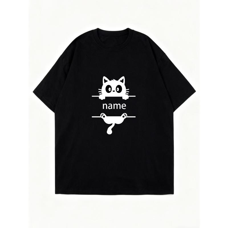 Oversized T Shirt Black Cat And Name Print Casual Wear For Women