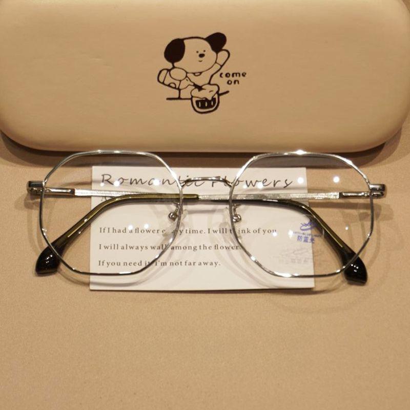 -0.5 ~ -6.0 Polygonal Myopia Glasses Anti Blue Light Flat Glasses Metal Eyeglass Frame Decorative Glasses