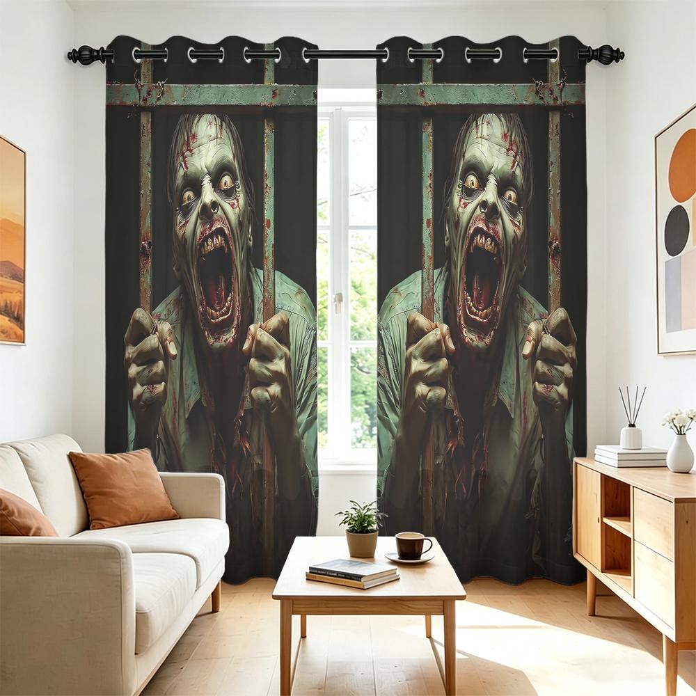 2Pcs Perforated Blackout Curtain Light Block Privacy Drape Living Bedroom Halloween Cage Zombie Horror Window Decor