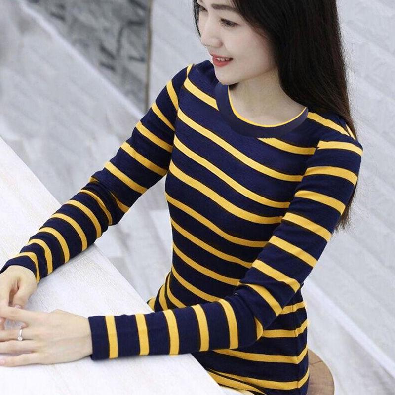 Long Sleeved T-shirt Women's Spring Sutumn New Striped Shirt Korean Loose Versatile Round Neck Bottoming Blouse M-5XL