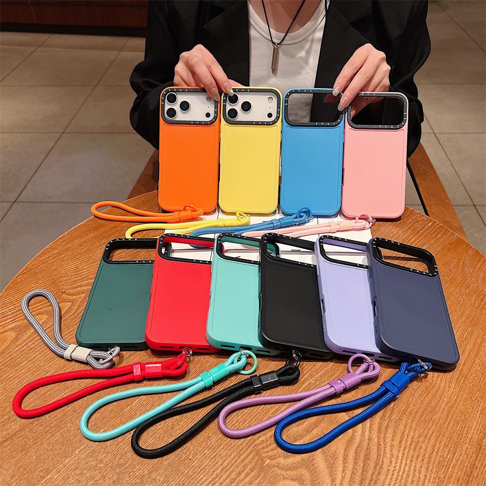 For iPhone 17 Pro Case Black Lens Frame Shockproof TPU PC Phone Back Cover with Wrist Strap