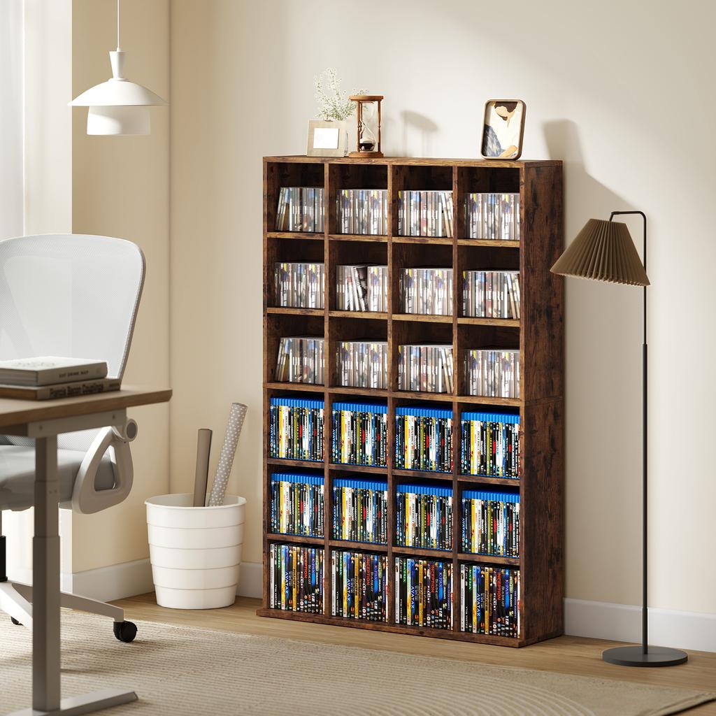 CD/DVD Storage Unit, 456 CDs / 336 DVDs, 24 Compartments, 16 Adjustable Shelves, Brown