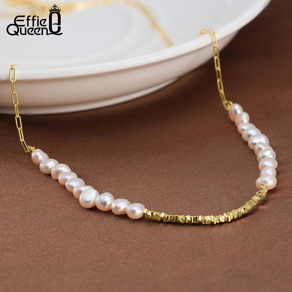 EFFIE QUEEN Elegant 925 Sterling Silver Women's Luxury Natural Pearl Necklace 14K Gold Plated Simple Choker Chain Gift GPN68