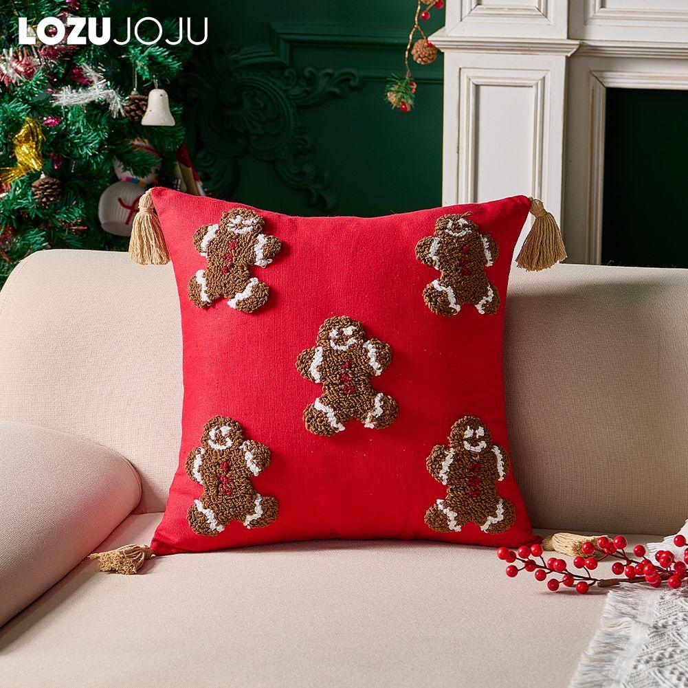 1PC LOZUJOJU Fashionable and Versatile Christmas Style Red Pillowcase Plush Embroidery Soft Cushion Cover for Sofa Living Room Bedroom Home Decor