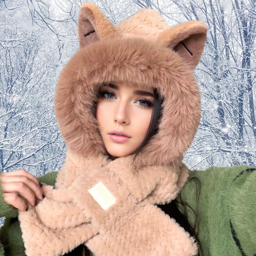 Cute Fox Ears 2-in-1 Hat and Scarf, 2026 New Winter Cold Resistant Hat Face Mask Hooded Scarf, Women's Winter Hooded