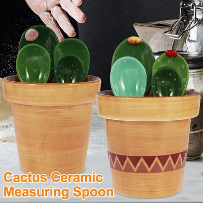 4 Pcs Porcelain Measuring Spoons Set with Base Cute Cactus Shape Stirring Soup Spoon Reusable Ceramic Flower Pot Measuring Spoon