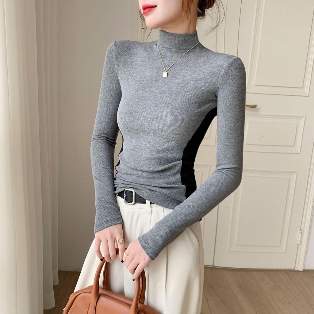 Women's Color Block Slimming Semi-High Neck Long Sleeve Top for Autumn/Winter