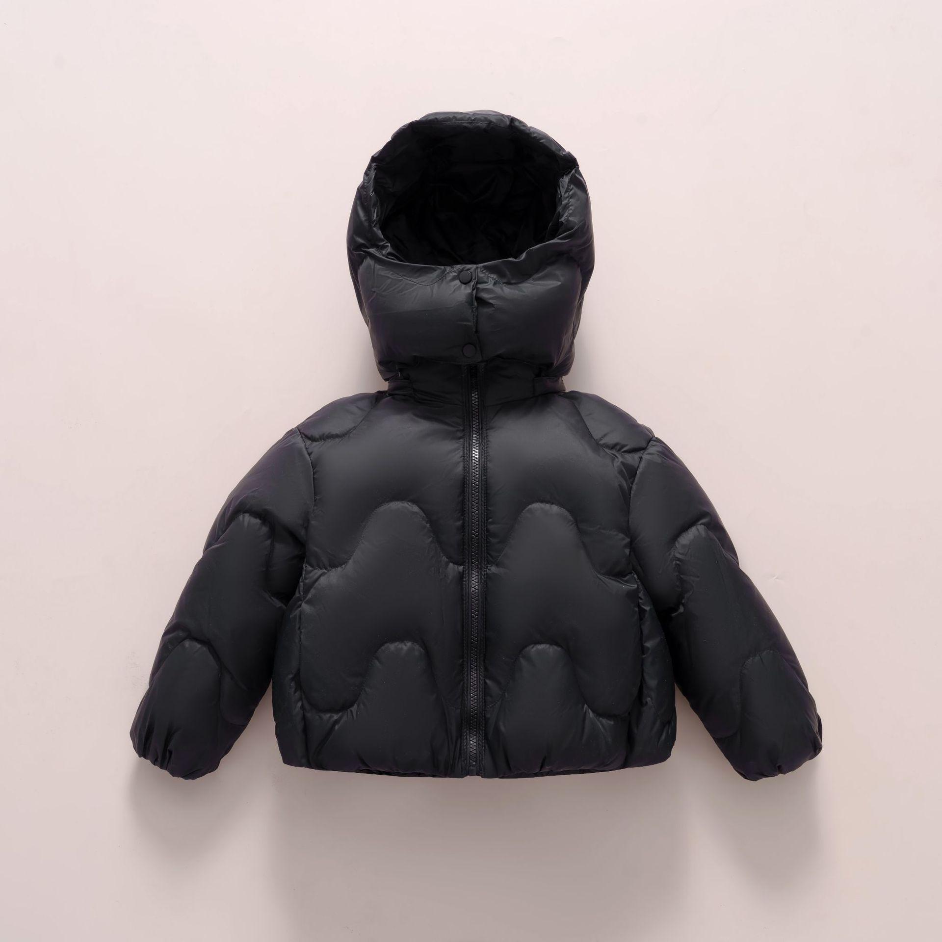 Unisex Kids Hooded Down Jacket - Wave Pattern, Solid Color, Winter Warmth 110cm