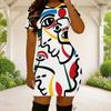 Women Plus Size Round Neck Short Sleeve Abstract Printed Fitted Mini Dress White Purple Gray
