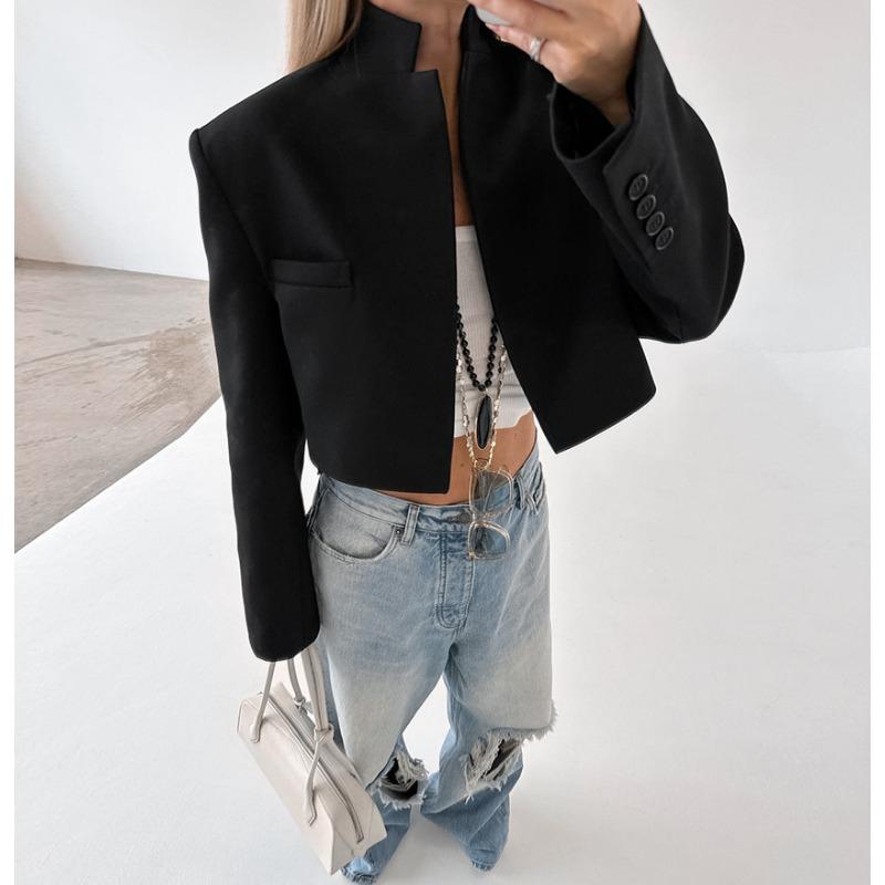 Blazer Outerwear da Donna Nero Corto con Collo Alto a Manica Lunga per il Pendolarismo