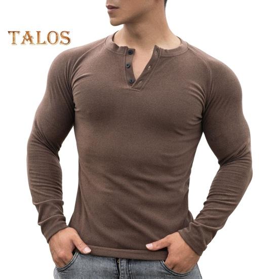Spring Fall Men Top Buttoned Round Neck Slim Fit Long Sleeves Solid Color Pullover Mid Length Stretchy Sport Jogging T-shirt