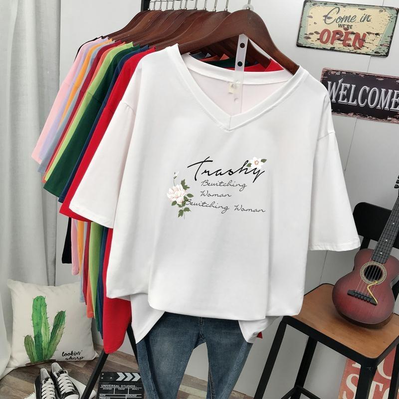 Short-sleeved T-shirt for Women, Large Size, Loose and Slimming, Printed V-neck Top