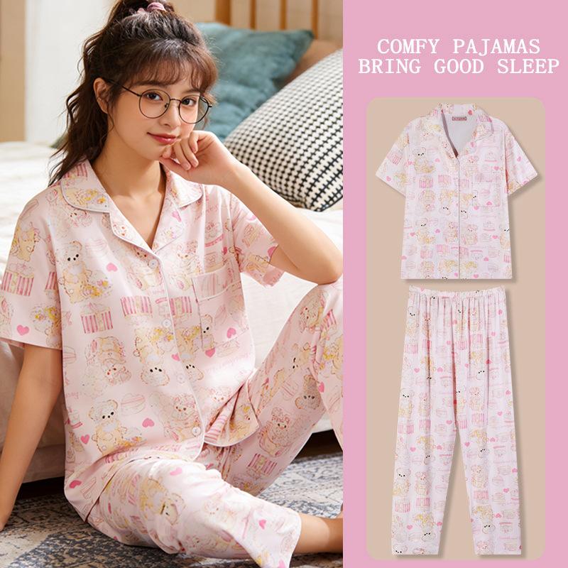 

Girly heart bursting cute rabbit print pajamas women s summer short-sleeved trousers cardigan loose loungewear set thin M