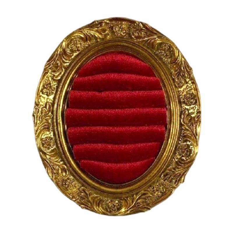 Ring Display Tray with Multiple Horizontal Slots, Ornate Oval Scrollwork Frame and Flat Base for Tabletop Presentation