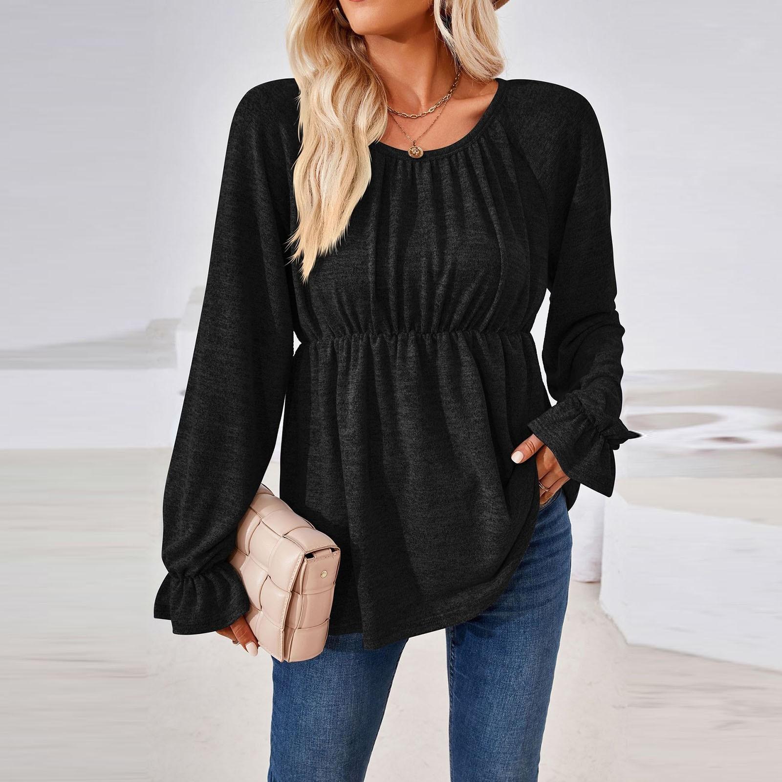 

Женская осенне-зимняя однотонная свободная футболка с длинным рукавом и круглым вырезом на талии, топ XXL чёрный