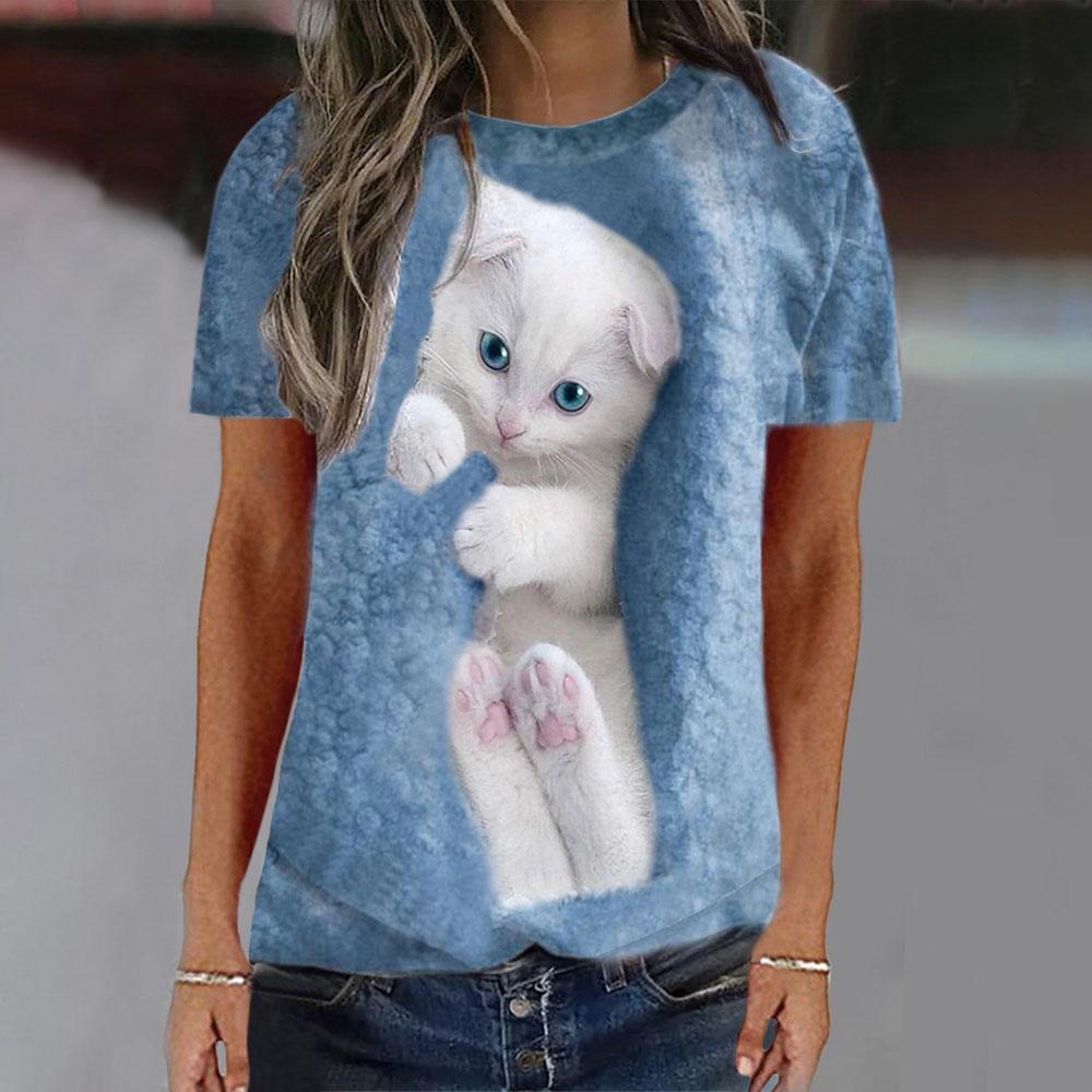 Women Cute Cat 3D Print Pattern T-shirts for Ladies and Girls Fashion Round Neck T-shirts Women's Short-sleeved Loose O-neck T-shirts