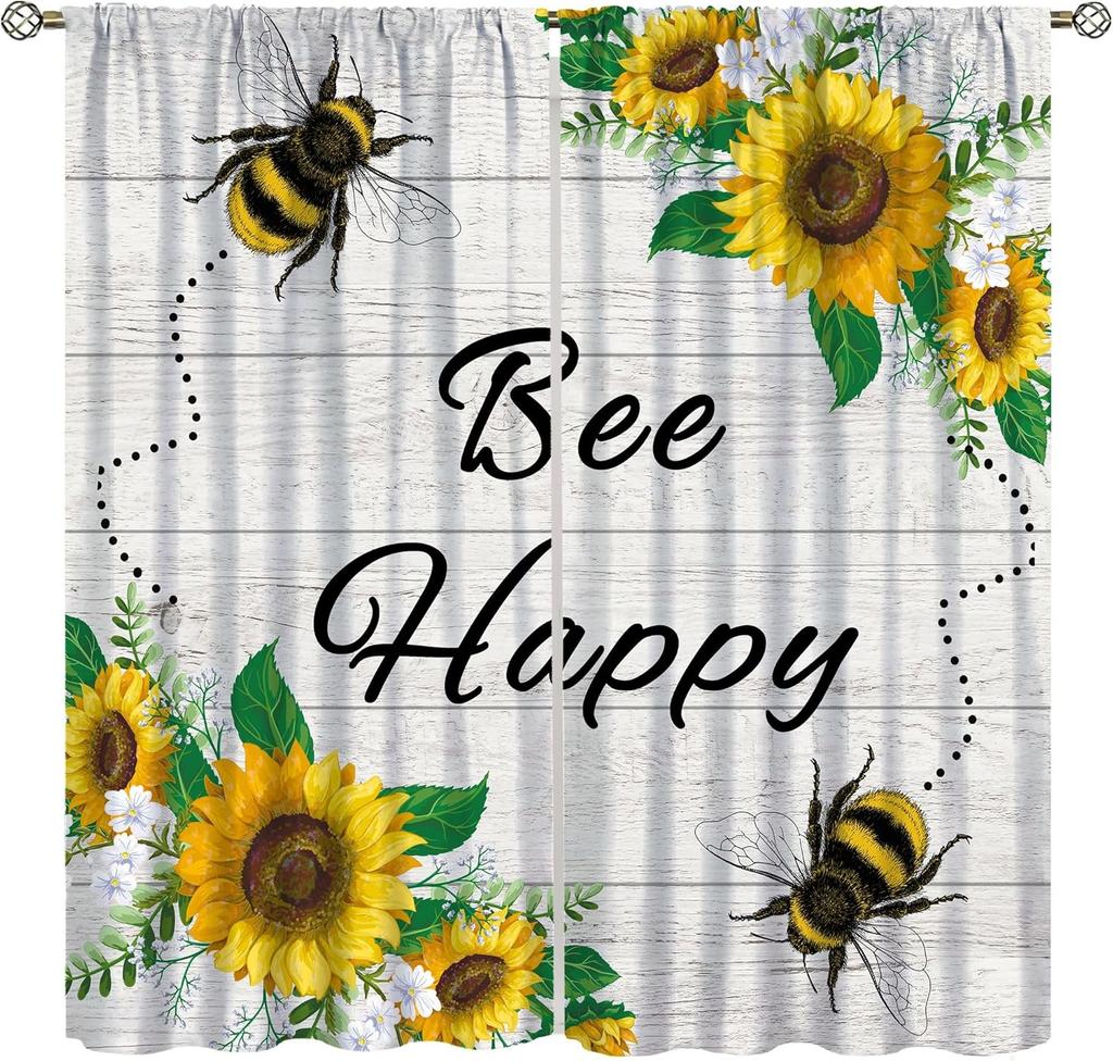Sunflower Curtains for Kitchen,Black Pithy Rustic Sunshine Beautiful Wonderful Sunflower Plant Flower Butterfly Window Drapes