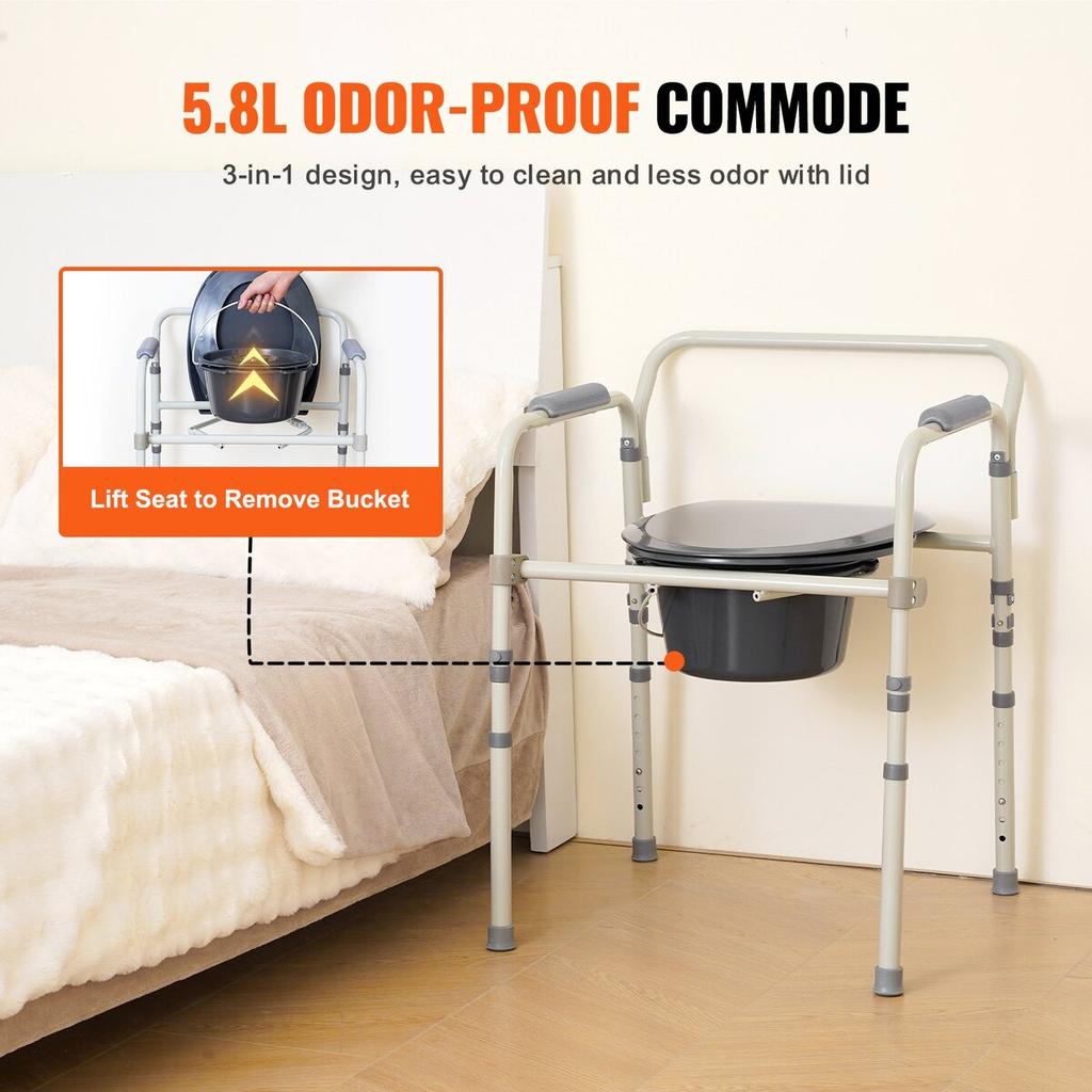 Commode Chair, Bedside Commode with Wider Toilet Seat, 7-Level Adjustable Height, 5.8L Removable Bucket, Easy To Assemble, 350 LBS Capacity, Raised
