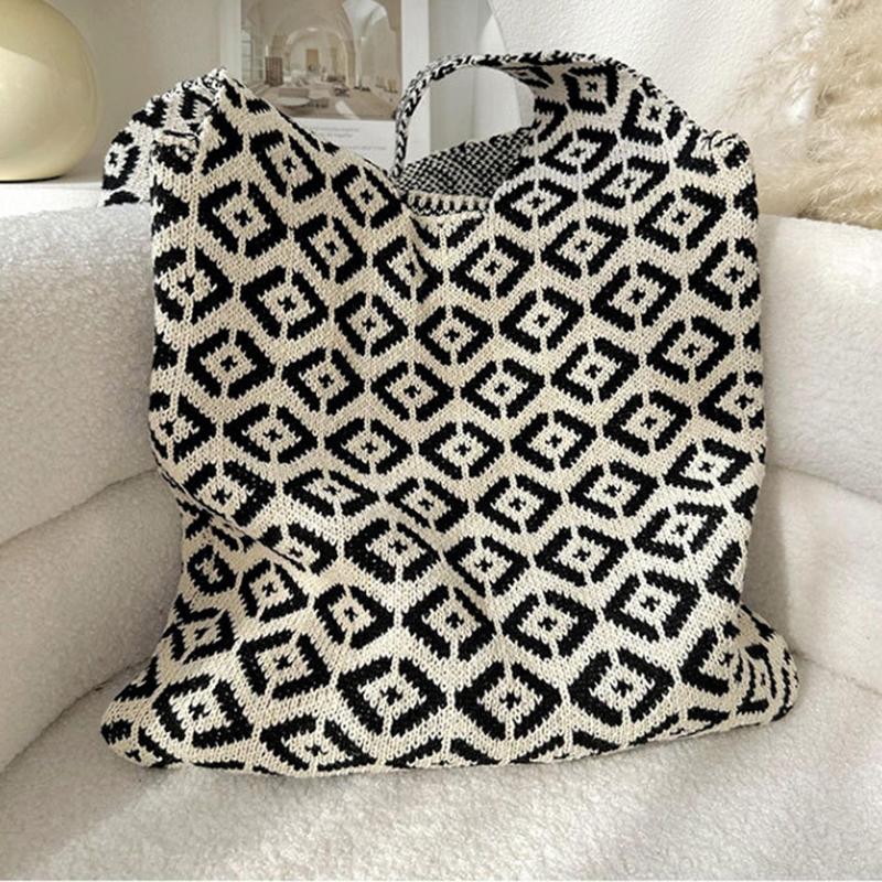 Fashion Geometric Contrast Color Handmade Knitted Handbag Women Minimalist Knot Shoulder Bag