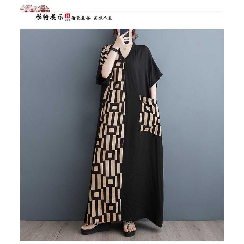 Summer New Printing Thin V-neck Short-sleeved Color Collision Splicing Black Long Dresses