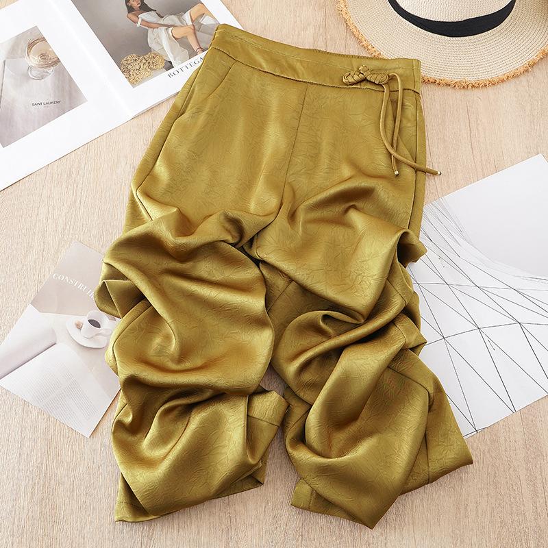 Kalhoty se širokými nohavicemi pro ženy v létě z ledového hedvábí, chladivé kalhoty s rovnými nohavicemi, nový čínský styl, potištěné kalhoty na knoflíky