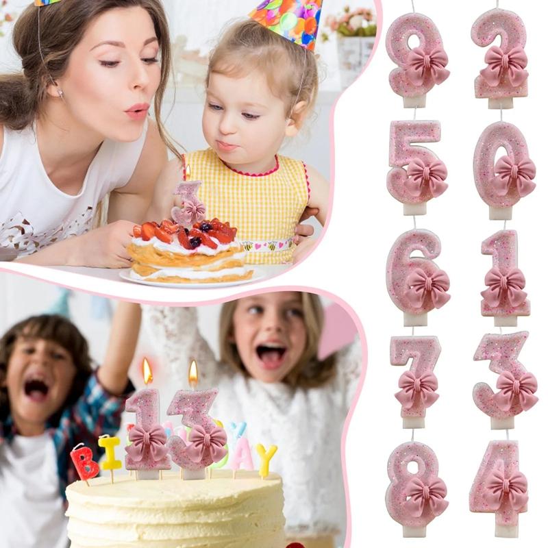 3D Number Cake Decorating Candles Cute Pink Bow Baby Girl Birthday Cake Topper Decoration Party Supplies 0-9 Digital Candle