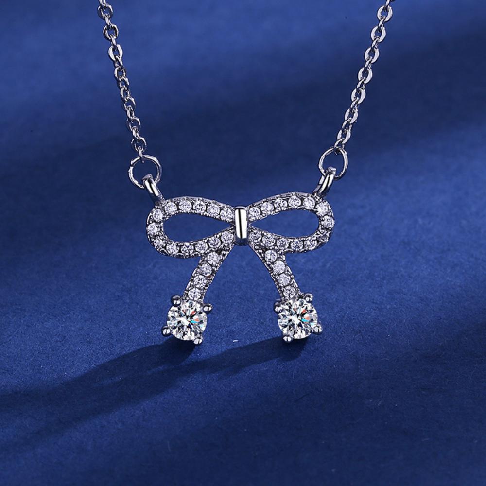 925 Silver Clavicle Necklace Shining Zircon Bowknot Pendant Women Jewelry Gift for Birthday Party