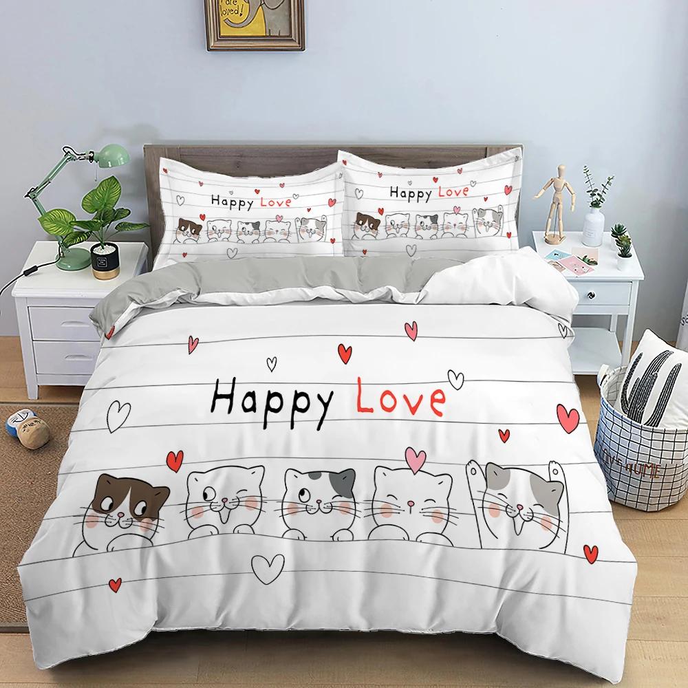 Sevimli Evcil Kediler Yatak Takımı Karikatür Yavru Kedi Baskılı Yorgan Kılıfı Yastık Kılıfı Kız İkiz Tam King Çift Kişilik Polyester Yorgan Kılıfı