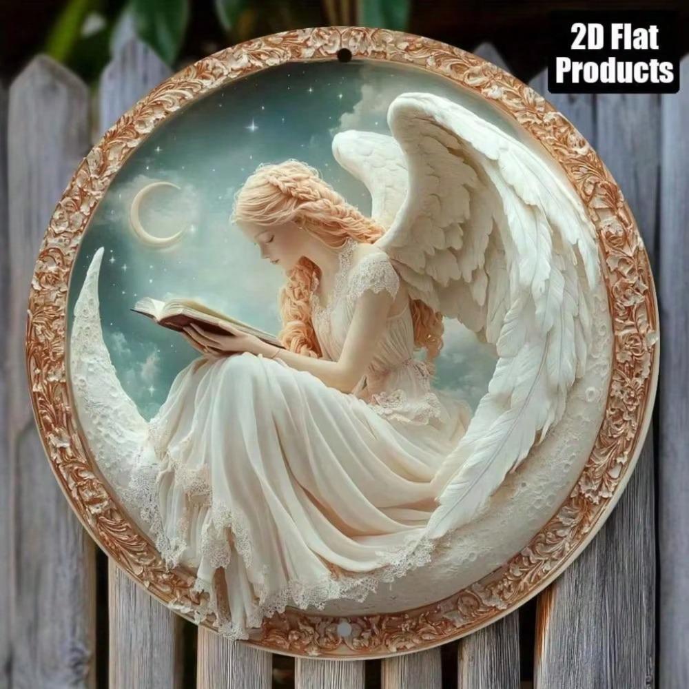Vintage Starlight Angel Moon Metal Wall Art 8x8 Inch Round Farmhouse Living Room Decor