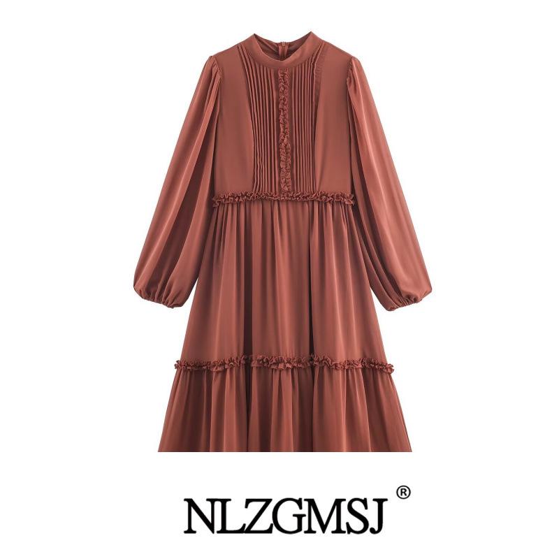 2025 Winter Arrival: European & American Style Elegant Ruffle Trim Long-Sleeved Dress Large