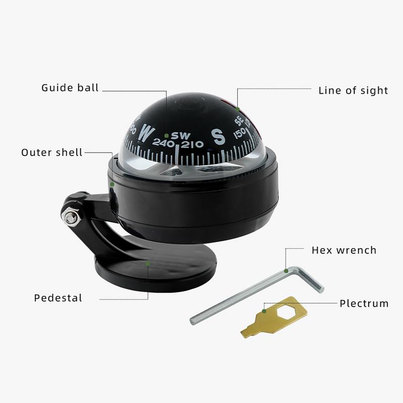 Off Road Self Adhesive Compass Auto Adjustable Dashboard Compass Spherical Clear Dial Scale Direction Tool For Camping Hiking