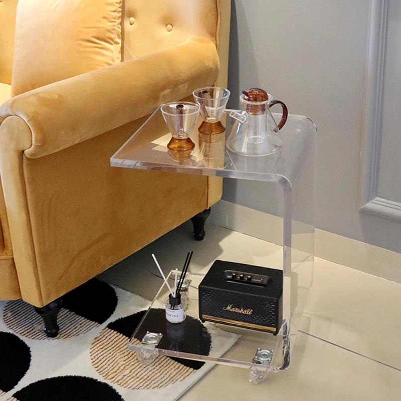 Transparent Acrylic Wheel Table Removable Coffee Trolley Sofa Side Table with Wheels Minimalism Furniture Bedside Corner Table