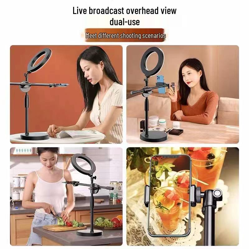 Adjustable Desktop Phone Stand with Rotating Dual Holder & Fill Light for Live Streaming
