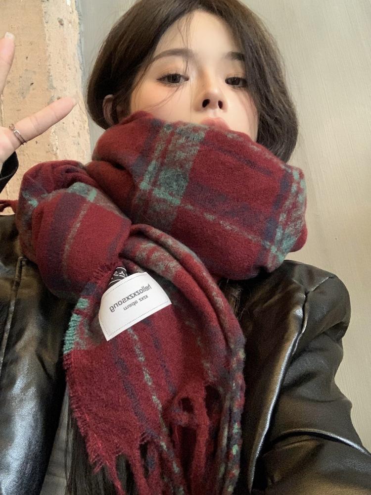 New tassel red retro plaid scarf women's winter warmth versatile high-end shawl student couple